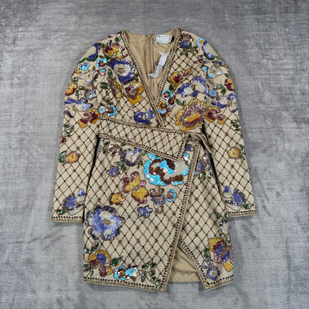 ASOS DESIGN Dress Womens 0 Tan Floral Sequin Embellished Beaded Wrap Party Mini